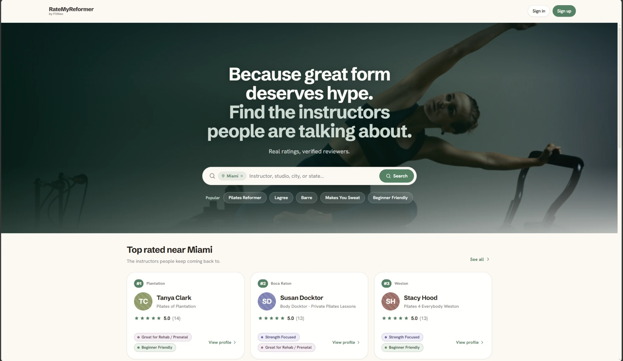 RateMyReformer discovery and example studio profile on desktop